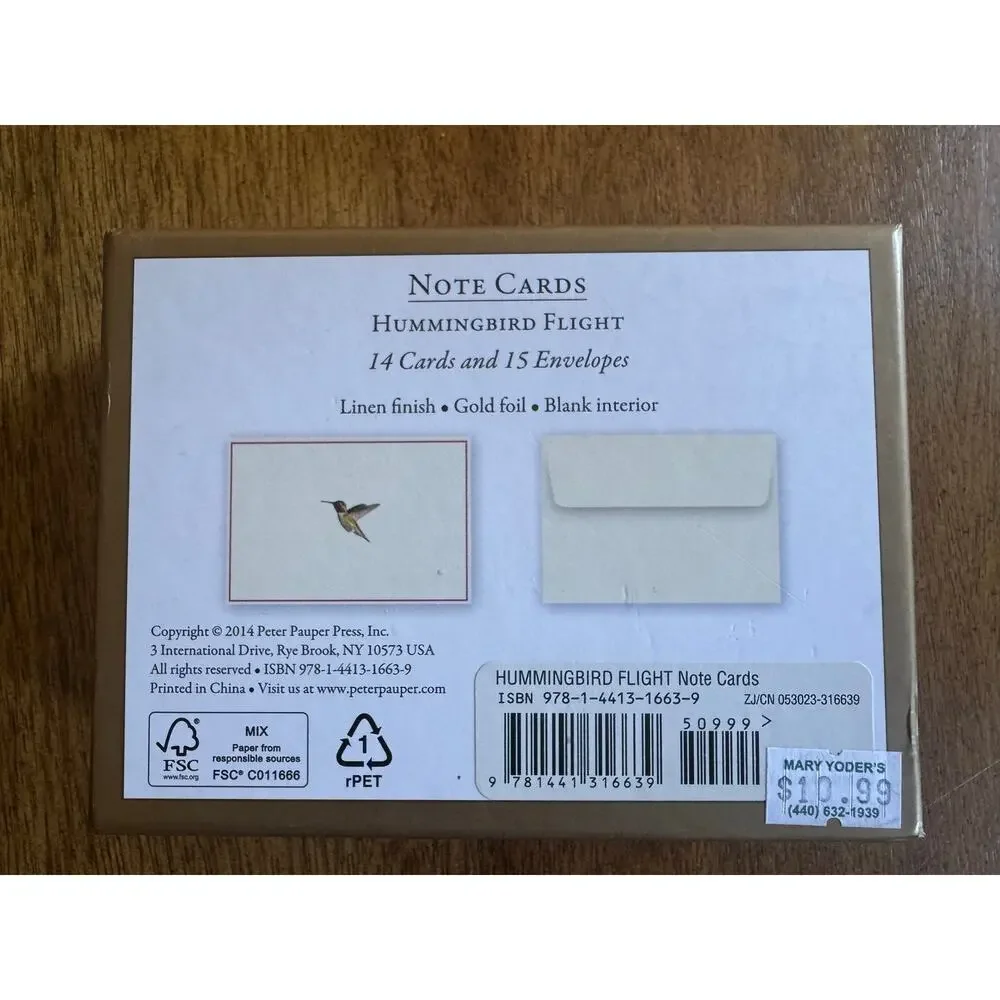 NWT Peter Pauper Hummingbird Flight Note Cards 14 Cards 15 Envelopes